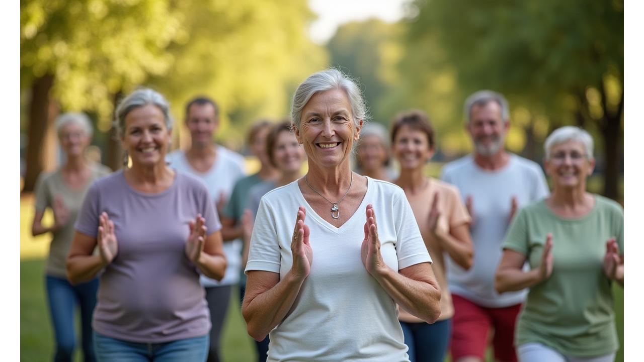 A diverse group of middle-aged adults engaged in a community wellness activity, symbolizing connection and shared health goals.