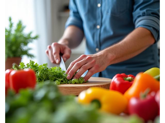 David, a man in his late 30s, preparing a healthy meal with fresh vegetables.
