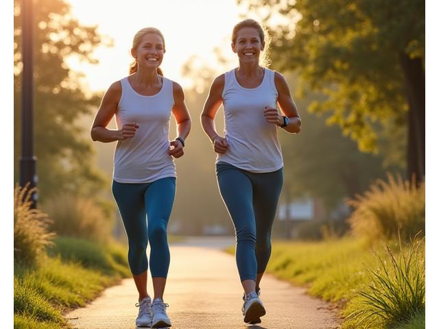 Active adults jogging in a park, enjoying their fitness routine