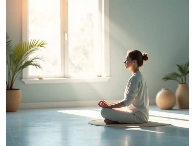Person meditating peacefully in a calm, sunlit room