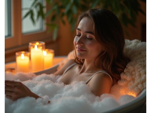 Woman enjoying a relaxing bath with candles and soft ambiance