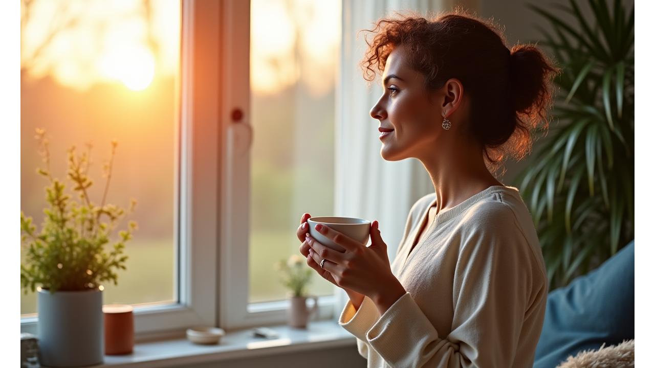 Woman enjoying a mindful morning coffee with a sunrise in the background