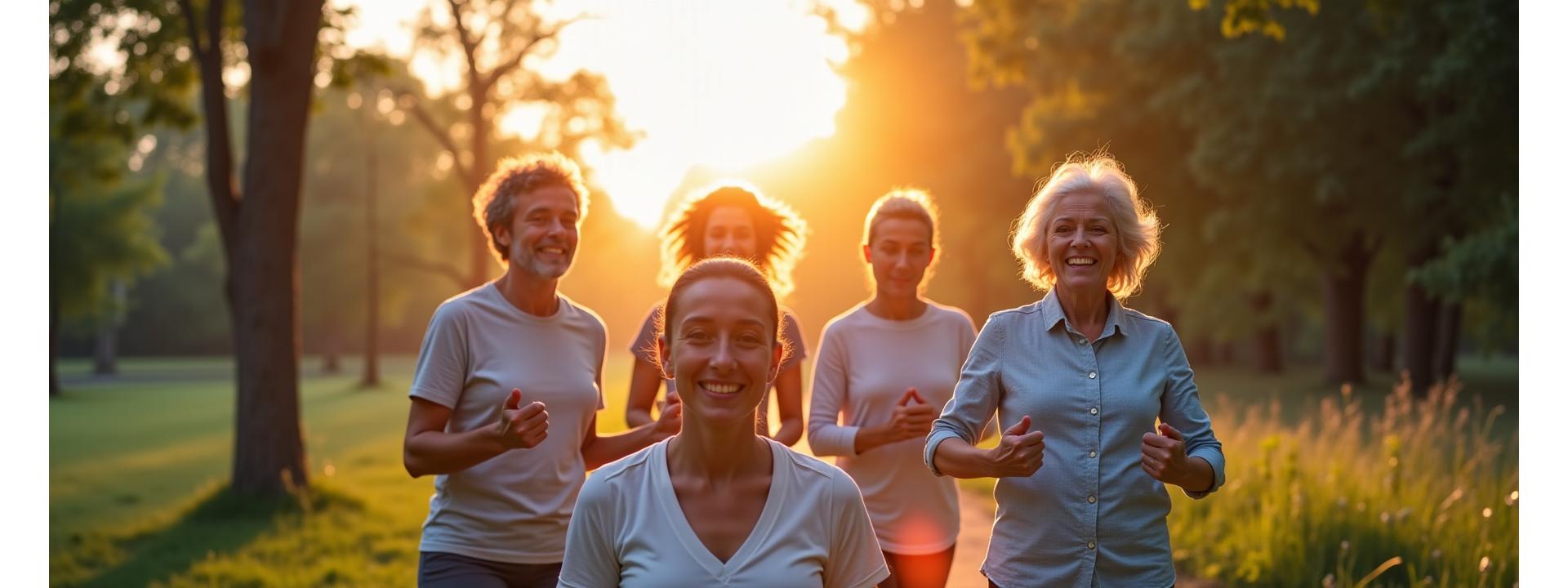 Diverse group of adults over 35 engaging in various wellness activities like yoga, healthy cooking, mindful meditation, and light exercise, all looking happy and engaged.