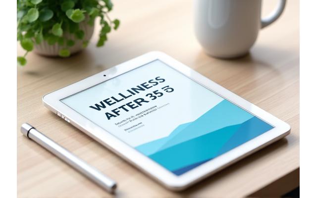 Open book or guide titled 'Wellness After 35' on a clean desk with a pen and a small plant.