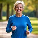Woman, Linda, 55, smiling confidently while jogging on a sunny path, looking fit and vibrant.