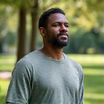 Man, Michael, 52, taking a deep breath during a mindful walk in a park, looking peaceful.