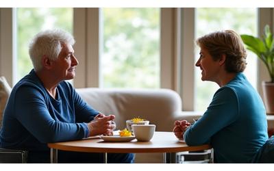 Two people calmly talking over tea, symbolizing support and connection