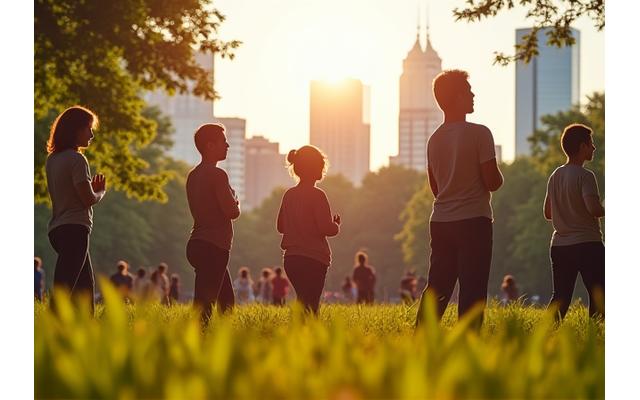City skyline of Center City Philadelphia with people doing yoga in a park.