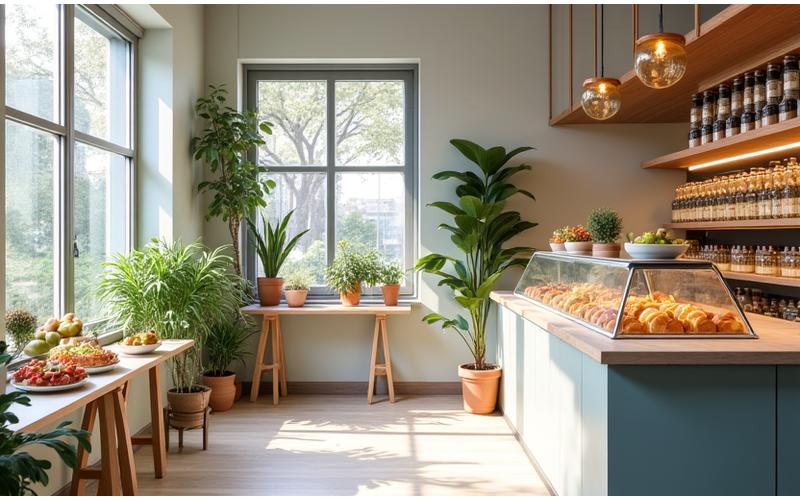 Interior of a modern, inviting wellness cafe in Philadelphia, showcasing healthy food options and a calm atmosphere.