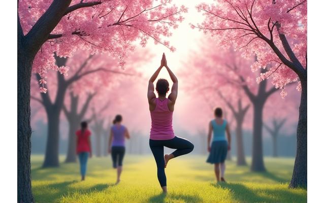 People doing yoga outdoors amidst cherry blossoms in a Philadelphia park.