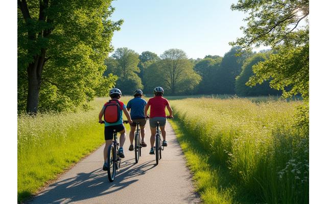 Family biking on a scenic trail in a Philadelphia suburban park.