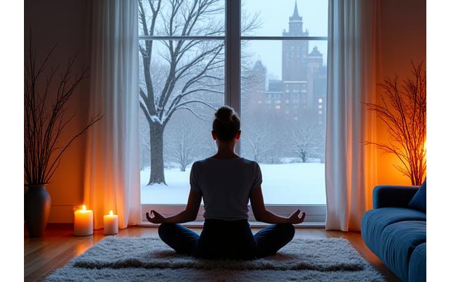 Cozy indoor space with a person meditating next to a window overlooking a snowy Philadelphia street.