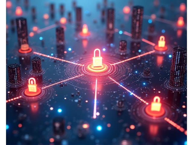 Cybersecurity landscape with digital locks, shield icons, and encrypted data streams, representing advanced data protection.