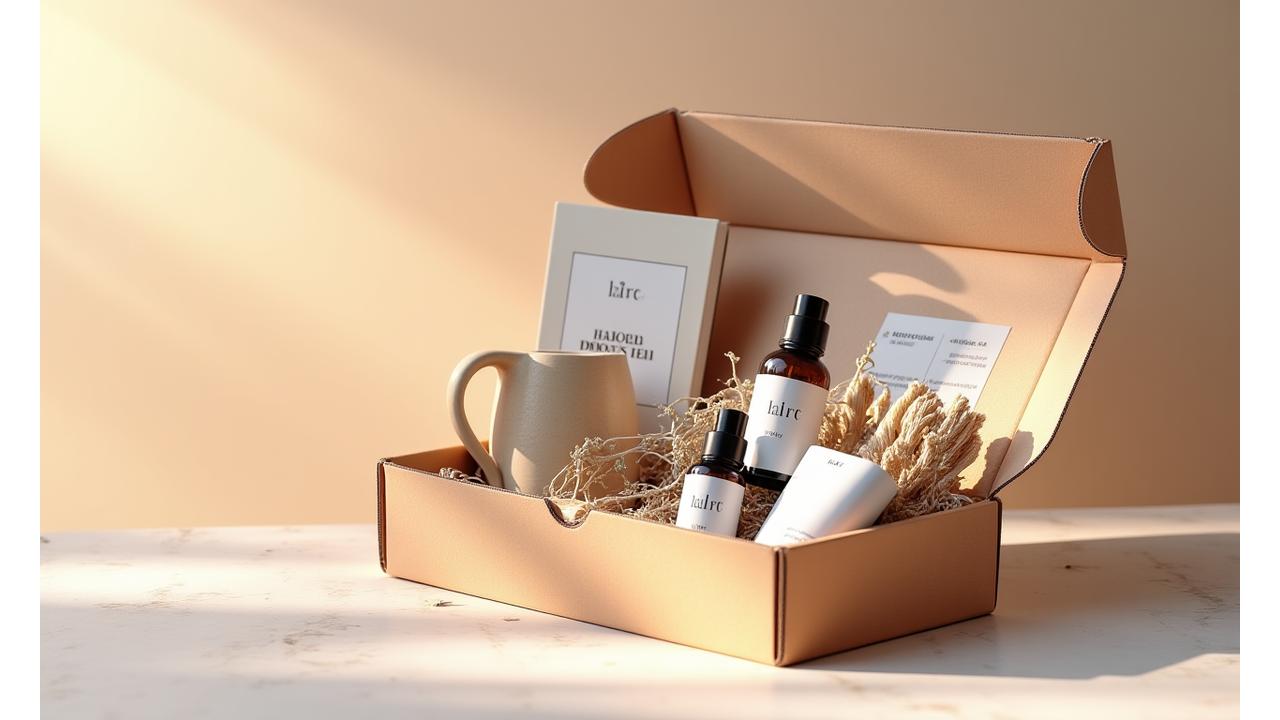 Artfully arranged wellness products spilling from an elegant subscription box, set against a calming background.