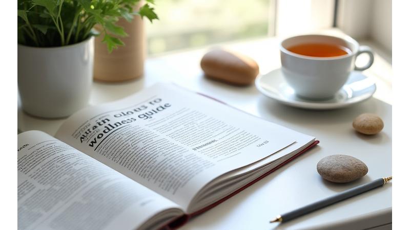 Open book and a tablet displaying wellness articles, surrounded by health-related items