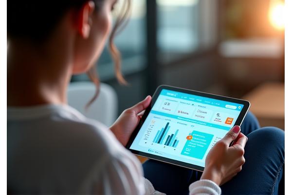 Woman viewing a personalized health dashboard on a tablet, with overlaid product images