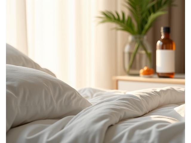 Soft bed with luxurious bedding, natural light, and a sleep tracking device on a nightstand