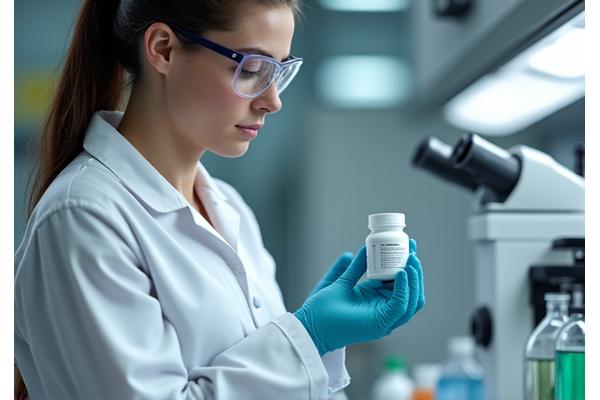 Scientist in a lab coat examining a supplement bottle, symbolizing quality control